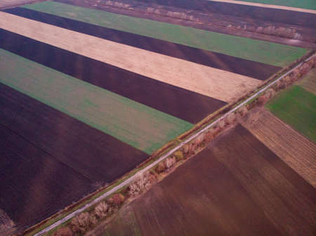 Aerial drone image view of plowed field in Hungaryの写真素材