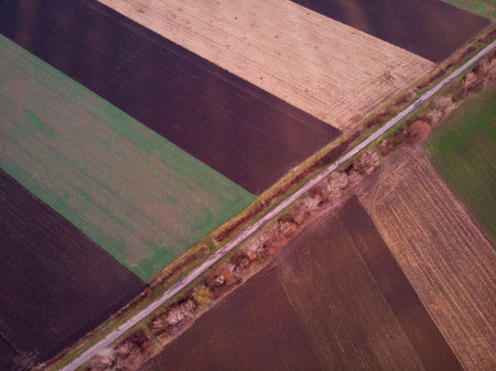 Aerial drone image view of plowed field in Hungary