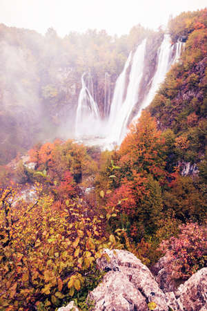 Autumn landscape with picturesque waterfalls in Plitvice National Park, Croatiaの写真素材
