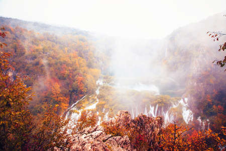 Autumn landscape with picturesque waterfalls in Plitvice National Park, Croatiaの写真素材
