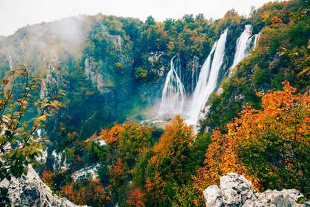 Autumn landscape with picturesque waterfalls in Plitvice National Park, Croatiaの写真素材