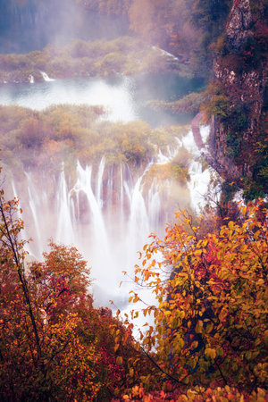 Autumn landscape with picturesque waterfalls in Plitvice National Park, Croatia