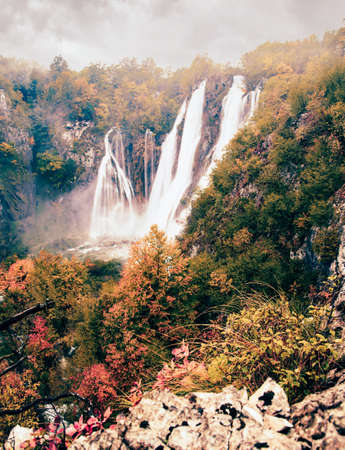 Autumn landscape with picturesque waterfalls in Plitvice National Park, Croatiaの写真素材
