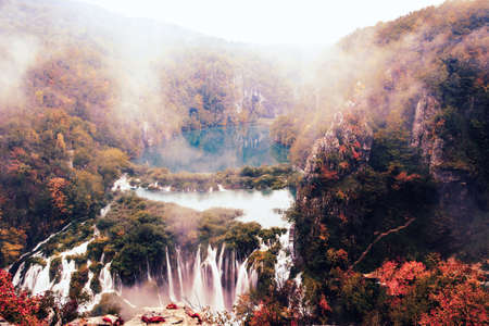 Rainy day in Plitvice National Park in Croatiaの写真素材