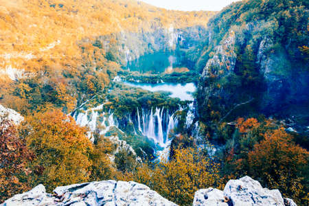 Rainy day in Plitvice National Park in Croatiaの写真素材