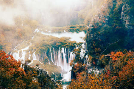 Rainy day in Plitvice National Park in Croatiaの写真素材