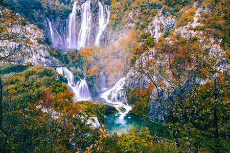 Autumn landscape with picturesque waterfalls in Plitvice National Park, Croatiaの写真素材