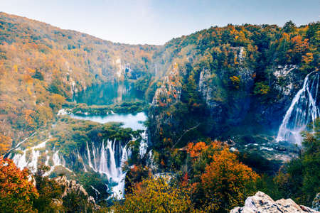 Autumn landscape with picturesque waterfalls in Plitvice National Park, Croatiaの写真素材