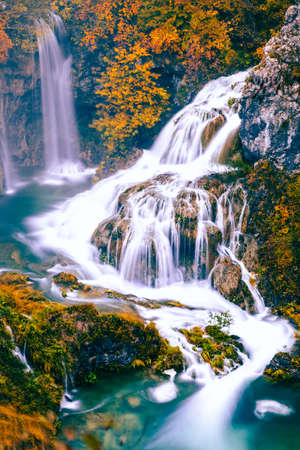 Autumn landscape with picturesque waterfalls in Plitvice National Park, Croatiaの写真素材