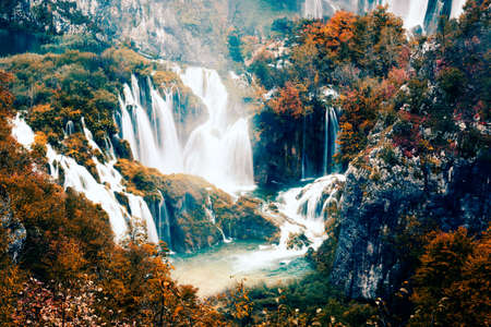 Autumn landscape with picturesque waterfalls in Plitvice National Park, Croatiaの写真素材