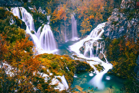 Autumn landscape with picturesque waterfalls in Plitvice National Park, Croatiaの写真素材