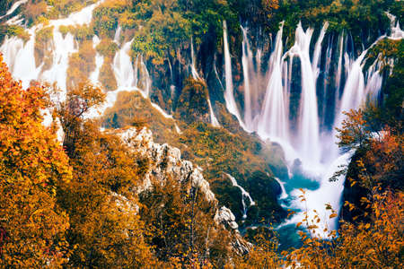 Autumn landscape with picturesque waterfalls in Plitvice National Park, Croatiaの写真素材