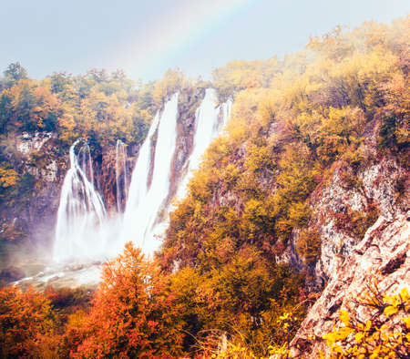 Autumn landscape with picturesque waterfalls in Plitvice National Park, Croatiaの写真素材