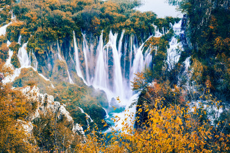Autumn landscape with picturesque waterfalls in Plitvice National Park, Croatia