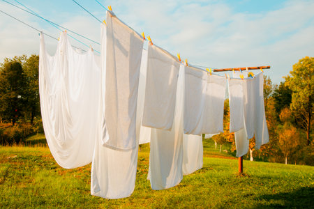 Fresh clean white sheet drying on washing line outdoorsの写真素材