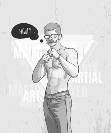 Hipster graffiti character on abstract triangle background. Hand-drawn hipster dude with mustache. のイラスト素材