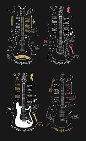 Trendy Retro Vintage Insignias with Guitar. Vector art.のイラスト素材