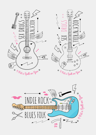 Trendy Retro Vintage Insignias with Guitar. Vector art.のイラスト素材