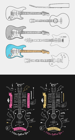Trendy Retro Vintage Insignias with Guitar. Vector art.のイラスト素材
