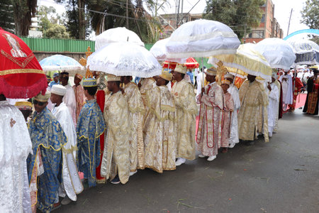 colorful procession of Timket celebrations of Epiphany, commemorating the baptism of Jesus, on January 19, 2019 in Addis Ababa, Ethiopia.のeditorial素材
