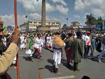 Ethiopian men and women celebrating the 123rd anniversary of Ethiopia`s victory of Adwa over the...