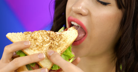 Portrait of a brunette girl eating a sandwich for lunch. A hungry woman is having breakfast.の写真素材