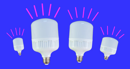 The 4 different sizes of a real LED bulb shine in a pink fancy style with the blue background.
