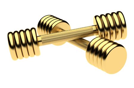 Golden fitness dumbbells. Isolated on the white  backgroundの写真素材