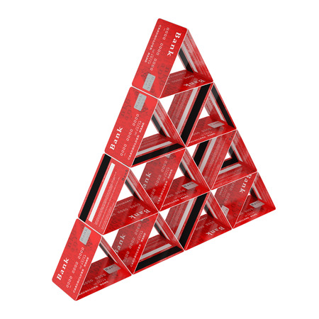 Credit cards. Concept of financial pyramid. Isolated on the white backgroundの写真素材