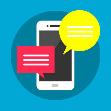 Mobile phone with red and yellow bubble speech, web chatting concept, online texting, messaging, connection, communication modern flat vector illustration design isolated signのイラスト素材