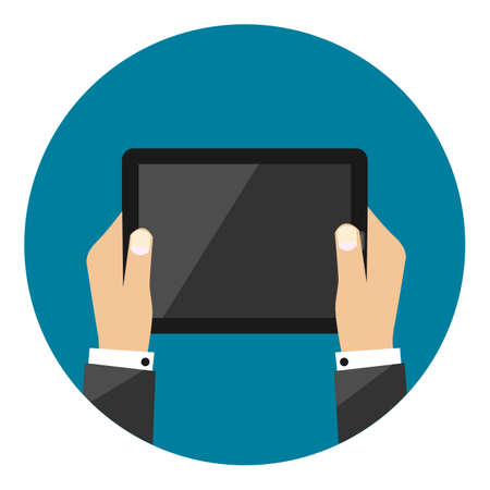Tablet Computers In Business Man Hands Getting Blank Empty Sign Symbol Modern Flat Design Vector Illustrationのイラスト素材