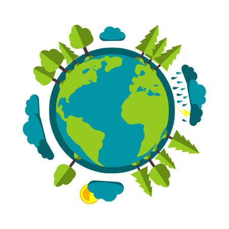 Planet Earth Cartoon Style With Rain, Clouds, Sun And Green Natureのイラスト素材