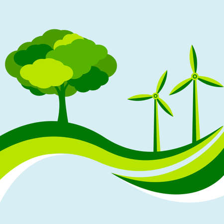 Ecological Background With Tree And Wind Turbine in Greenのイラスト素材
