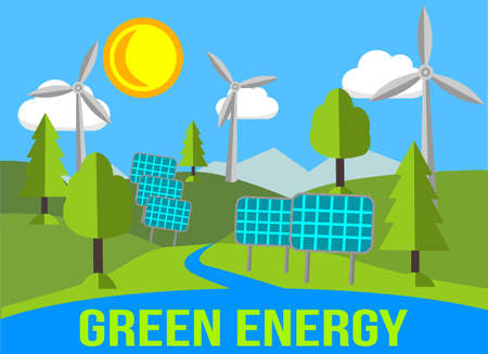 Green Energy Landscape With Renewables - Solar Panels And Windmillsのイラスト素材
