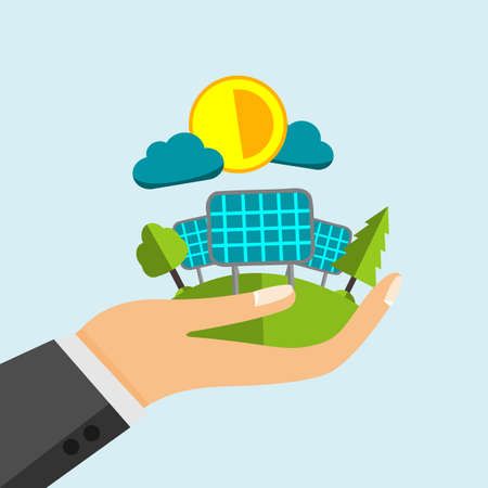 Open Hand Holding Solar Panels With Trees And Sun Aboveのイラスト素材