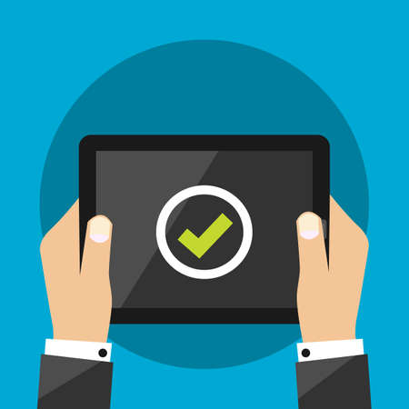 Tablet Computers In Business Man Hands Approved - Green Stamp - Success - Final Symbol Sign Modern Flat Design Vector Illustrationのイラスト素材