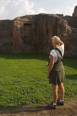 Woman Enjoys Ancient ruins of Pompeii, Italy.の写真素材