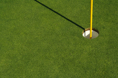 Lush, freshly mowed golf green, flag and cup. Plenty of room for text on the left side.