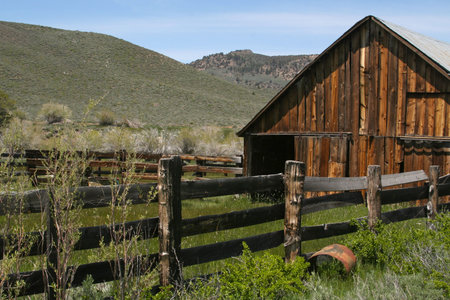 Taken in the Sierras - a rustic, old, abandoned farm and pasture. Rich with old wood fence, feeding...