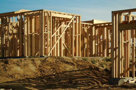 Construction site with new home framing.