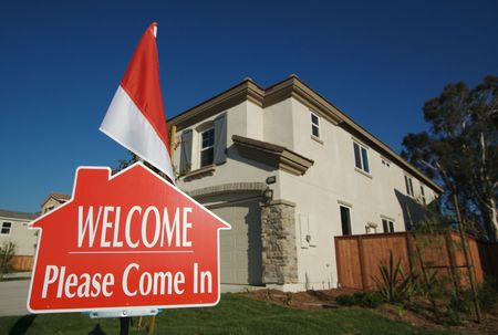 Welcome, Please Come In Open House Real Estate Sign and New Home.の写真素材