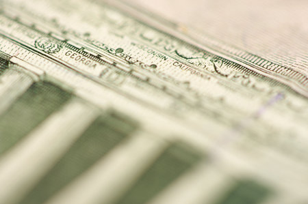 Macro of the back of the U.S. Five Dollar Bill showing small State Names as anti-counterfeit...