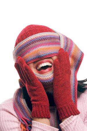 Attractive Woman With Colorful Scarf Over Eyes Isolated on a Whiite Background.の写真素材