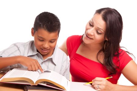 Attractive Hispanic Mother and Son Studying Isolated on a White Background.の写真素材