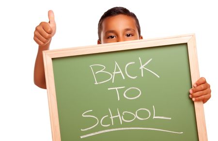 Cute Hispanic Boy Holding Chalkboard with Back to School Isolated on a White Background.の写真素材