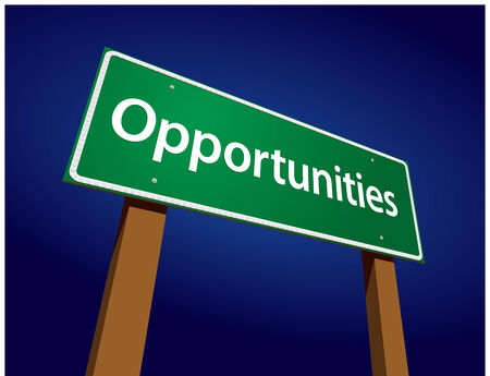 Opportunities Green Road Sign Illustration on a Radiant Blue Background.のイラスト素材
