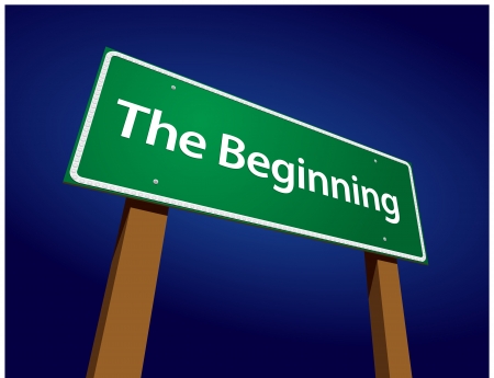 The Beginning Green Road Sign Illustration on a Radiant Blue Background.のイラスト素材