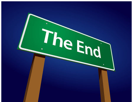The End Green Road Sign Illustration on a Radiant Blue Background.のイラスト素材