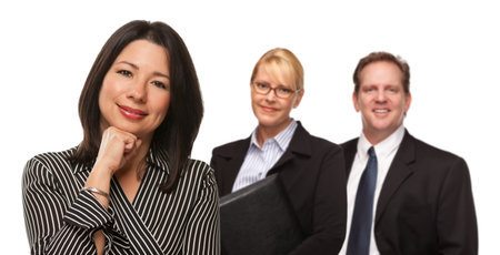 Hispanic Woman In Front of Businesspeople Isolated on a White Background.