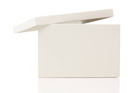 Blank White Box with Lid Isolated on a White Background Ready for Your Own Message.の写真素材